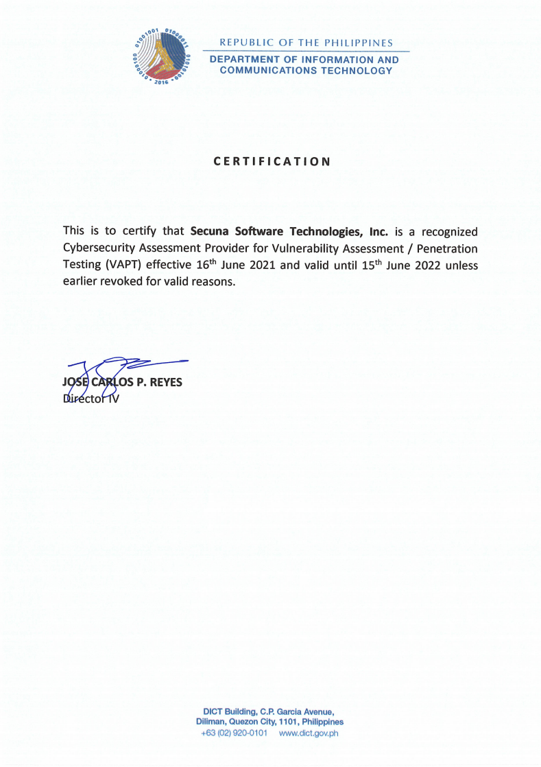 DICT Grants Secuna Renewal of Certification as a Recognized Cybersecurity Company in the Philippines